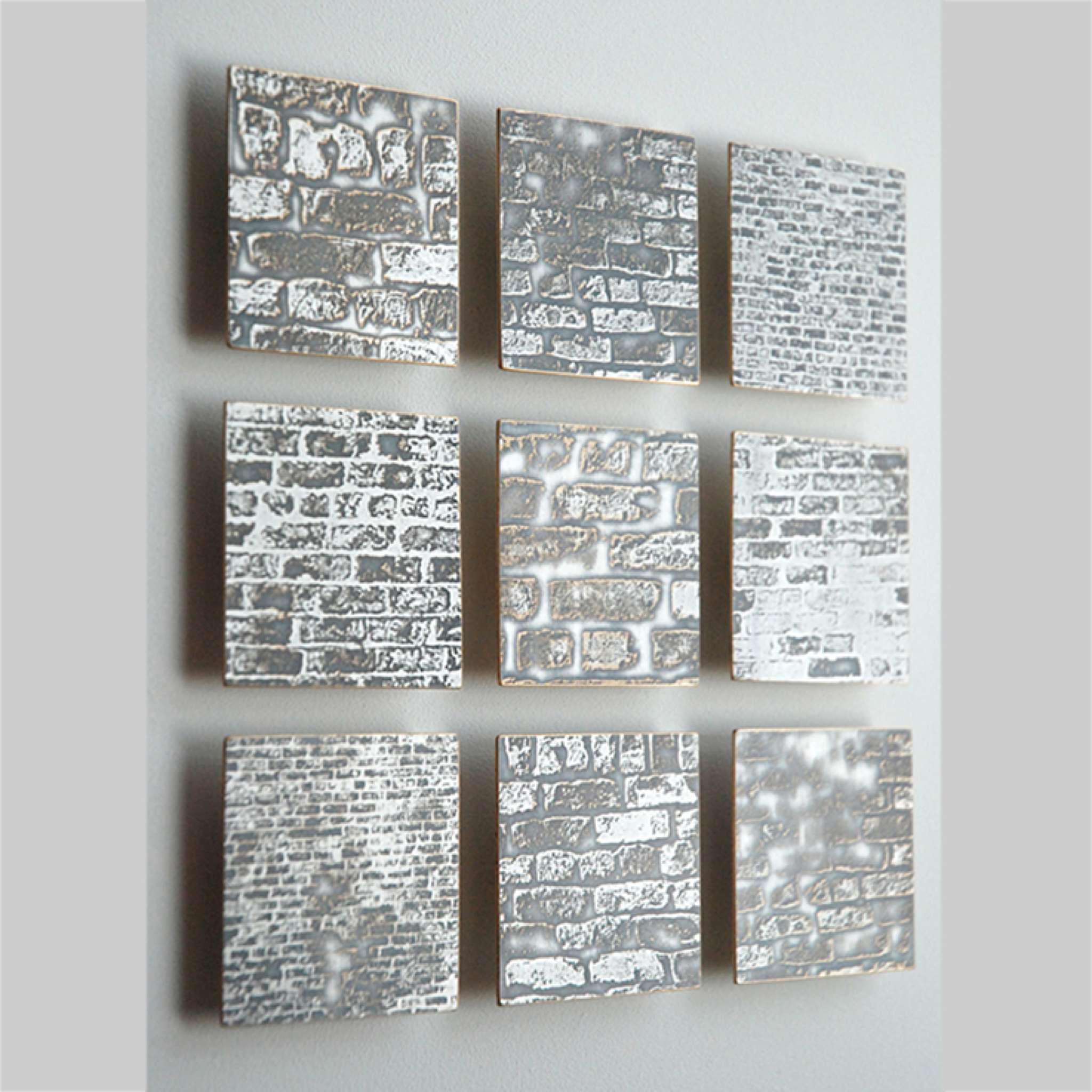 Detail of 9 architectural square wall pieces. Each 26cm square. Private commission, London. Rebecca Gouldson 2008