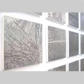 'Abstract Print' metal wall pieces. Each 26cm square. Etched, electroplated metal. Rebecca Gouldson 2008 - 2014 "The images etched into these pieces are mono-prints, which i first made on paper, and then enlarged to show fine details."